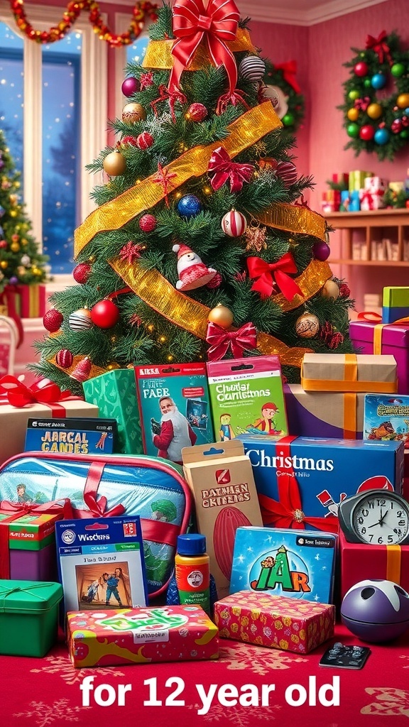 A festive display of Christmas gifts for a 12-year-old, including video games, art supplies, and sports equipment under a Christmas tree.
